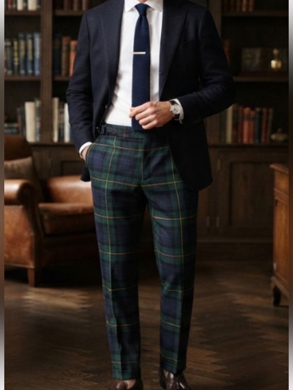 Burberry Green, Navy and Yellow Plaid Mens Pants Includes original bag